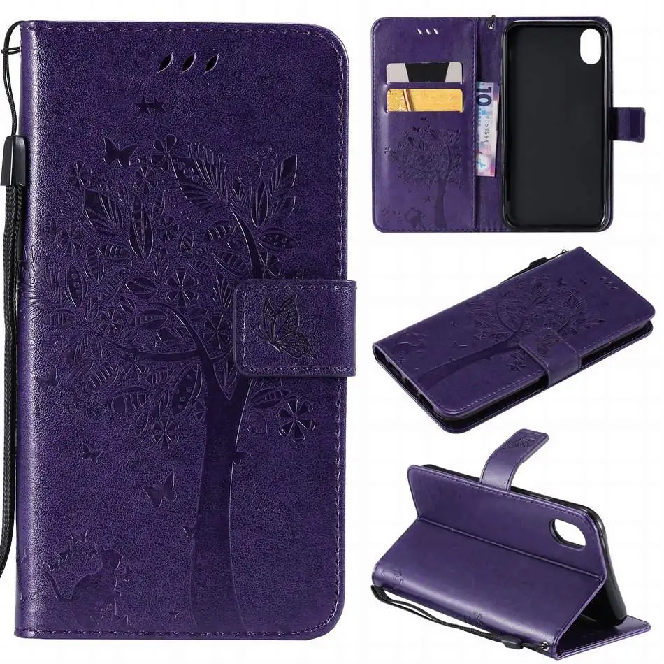 Purple B Чехол-книжка с бабочкой, кошкой, деревом для iPhone 8, 7, 6, 6S Plus, X, XR, XS, 11 Pro Max, бумажник из искусственной кожи, сумки для телефона, чистый цвет, DP06Z - Цвет: Purple B