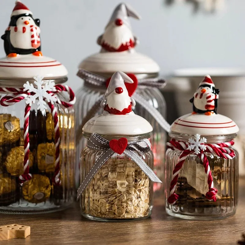 Christmas Glass Bottle Snack Candy Food Storage Jar Sealed Food Grade Lid Kitchen Cereal Containers Bottles Holiday Gift