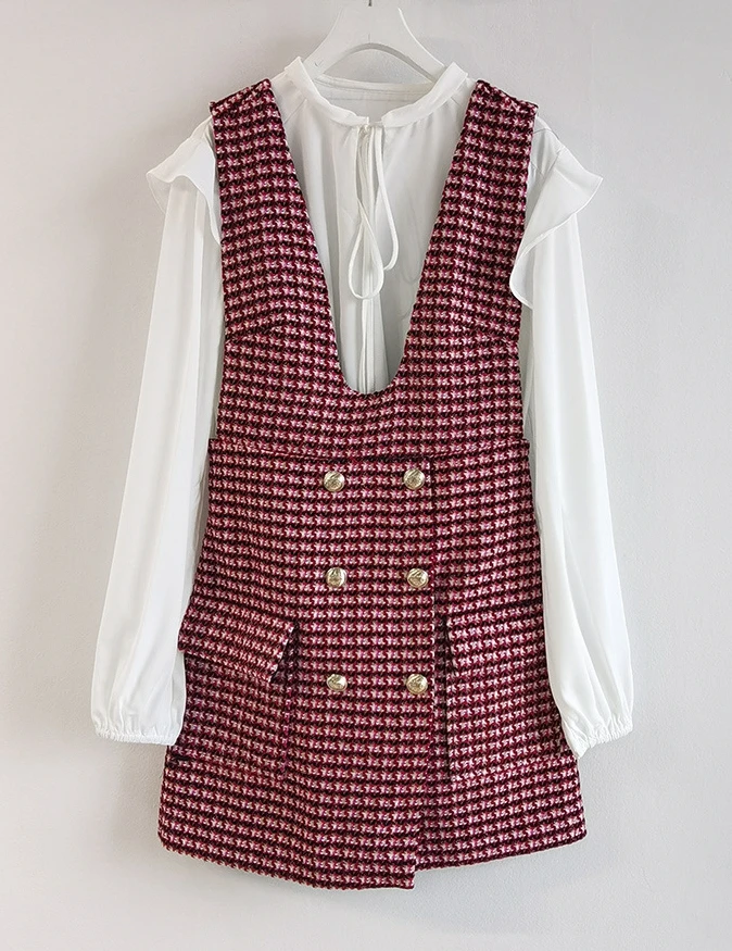 

2021 Early Spring New Fashion Casual Houndstooth Vest Shirt Two-piece Dress Women