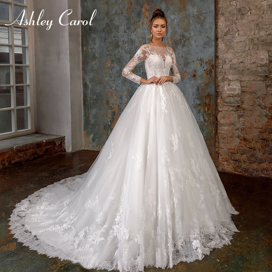 

Свадебное платье трапециевидной формы с длинным рукавом и аппликацией Эшли Карол; Коллекция 2022 года; Элегантное свадебное платье принцессы на пуговицах со шнуровкой; Vestido De Noiva