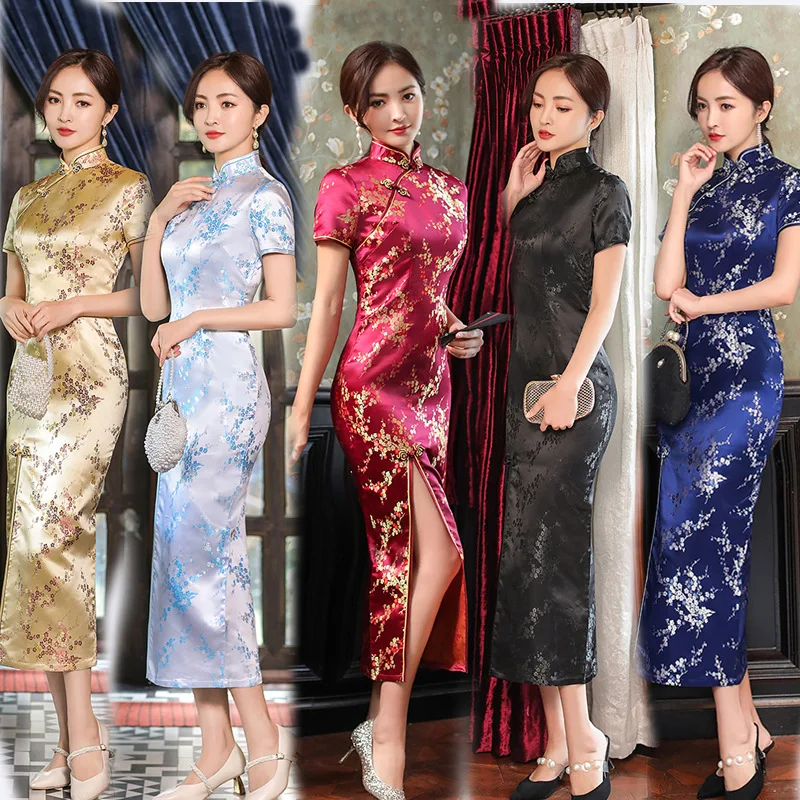 

8Colors Shanghai Chinese Traditional Cheongsam For Woman Stain Slim Qipao Vintage Dress Wedding Dress Evening Party Plus Size