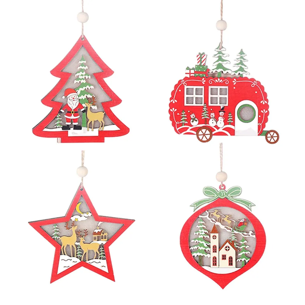 

4PCS Christmas Wooden Hanging Decor Hollow Wood Pendant with Light Star Xmas Tree Bell Christmas Decor Xmas Tree Ornaments Set