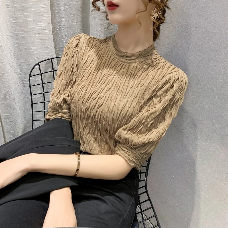 

Summer 2021 new half-high collar bottoming shirt in sleeves tops three-quarter sleeves short-sleeved t-shirt women