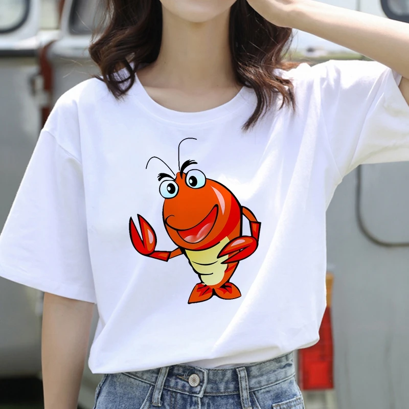 

Graphic tees tops Cartoon crayfish theme tshirts women Cute Kawaii t shirt white Tops casual short Camisetas Mujer_T-Shirt