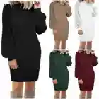 Новинка 2022, зимнее однотонное модное женское свободное однотонное лоскутное кружевное вязаное мини-платье с длинным рукавом и круглым вырезом, Теплое повседневное