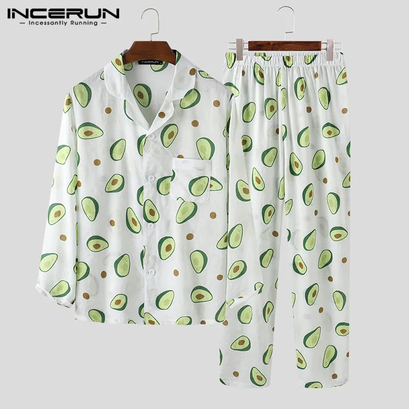 

Men Pajamas Sets Fruit Printed Long Sleeve Button Soft Sleepwear Leisure Pants Cozy Men Homewear Nightwear Sets S-5XL INCERUN