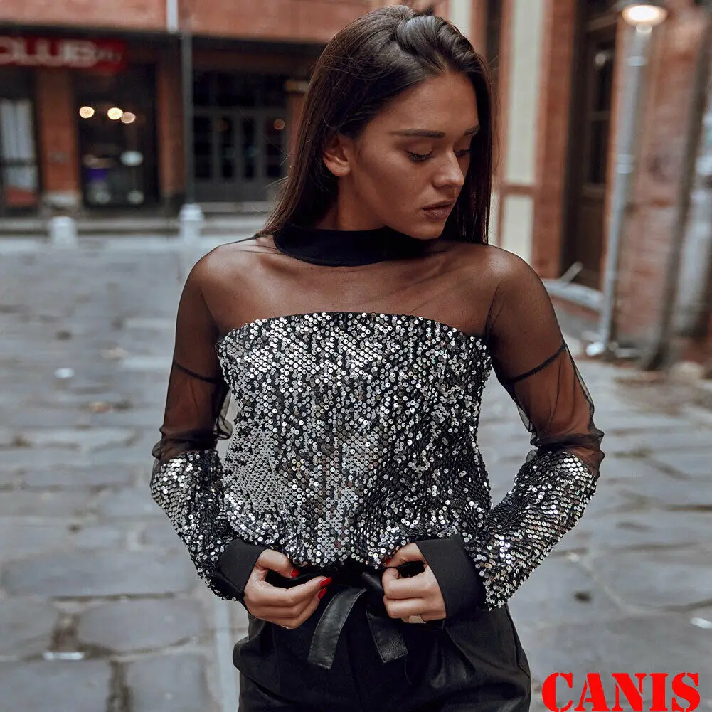 

Sexy Women Gauze See Through Sexy Long Sleeve Paillette Bottoming Shirt Blusas Mujer De Moda Chemisier Femme Women Blouses