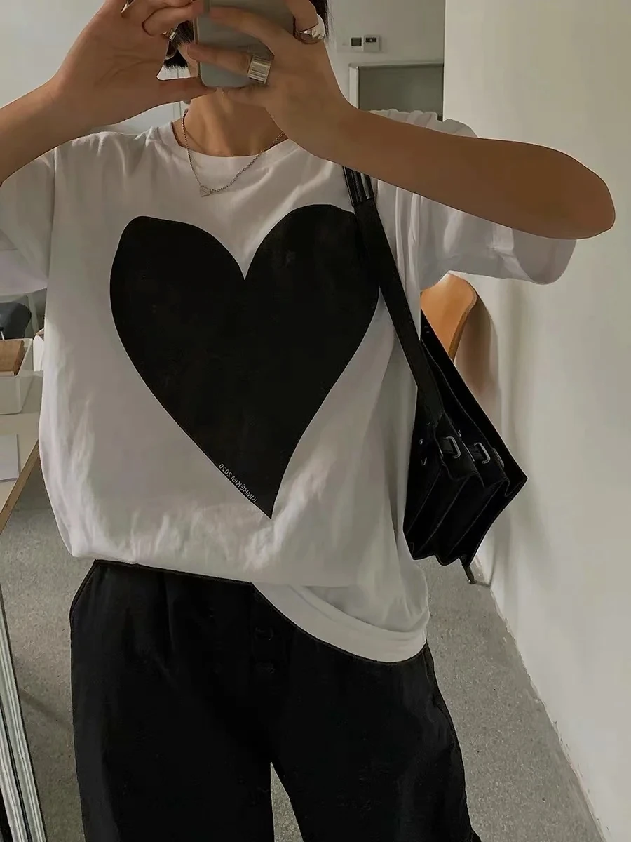 

MosiMolly Heart Print Cotton T-shirt Tops Tee Women O Neck Short Sleeve Cotton Tee 2021 Summer Loose