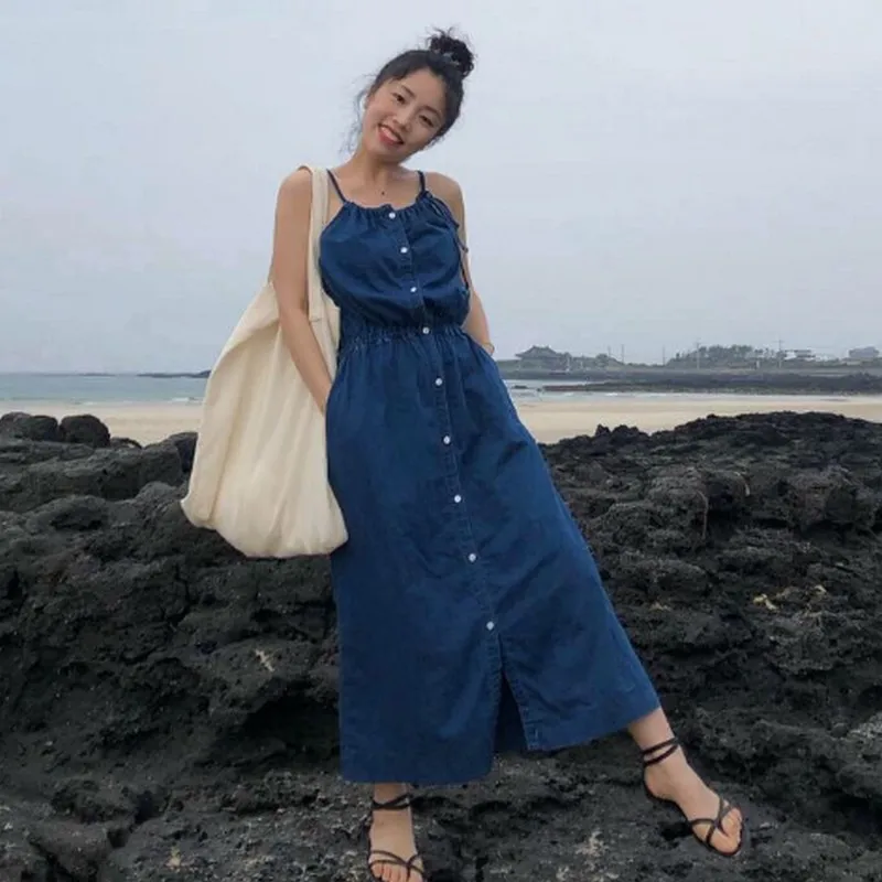 Повседневное корейское летнее платье женское джинсовое на бретельках