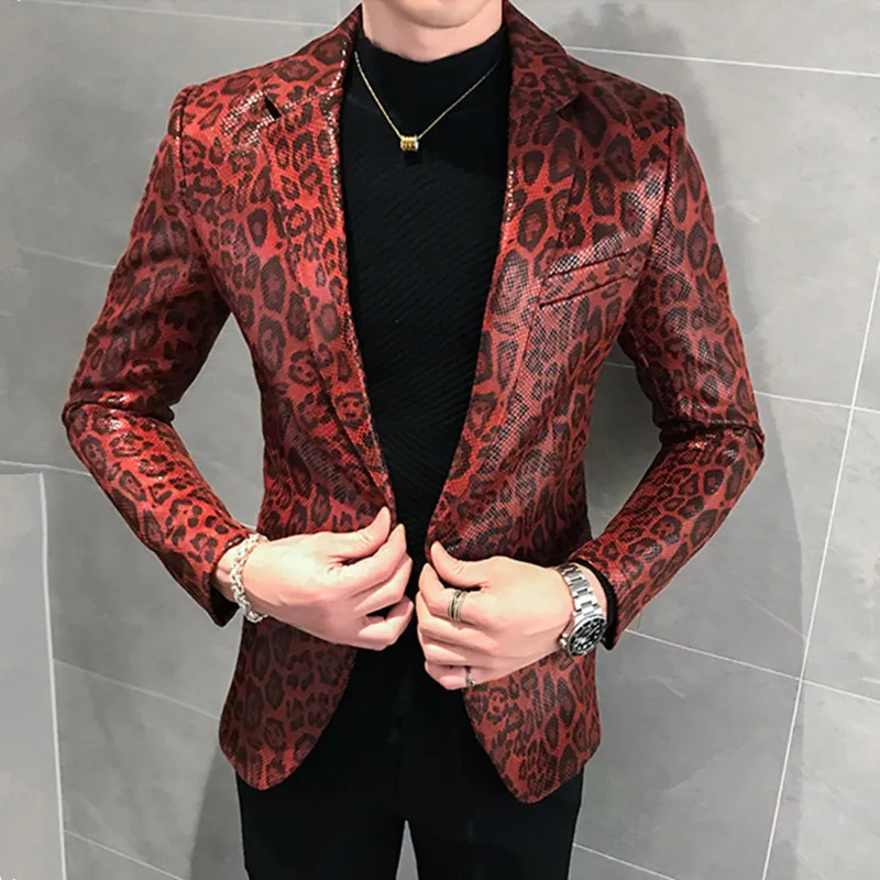 

Men Leather Jacket Fashion Slim Fit Casual Coat Leopard Print Jackets Stage Costume For Singer Concert Spring Autumn Blazer 2020