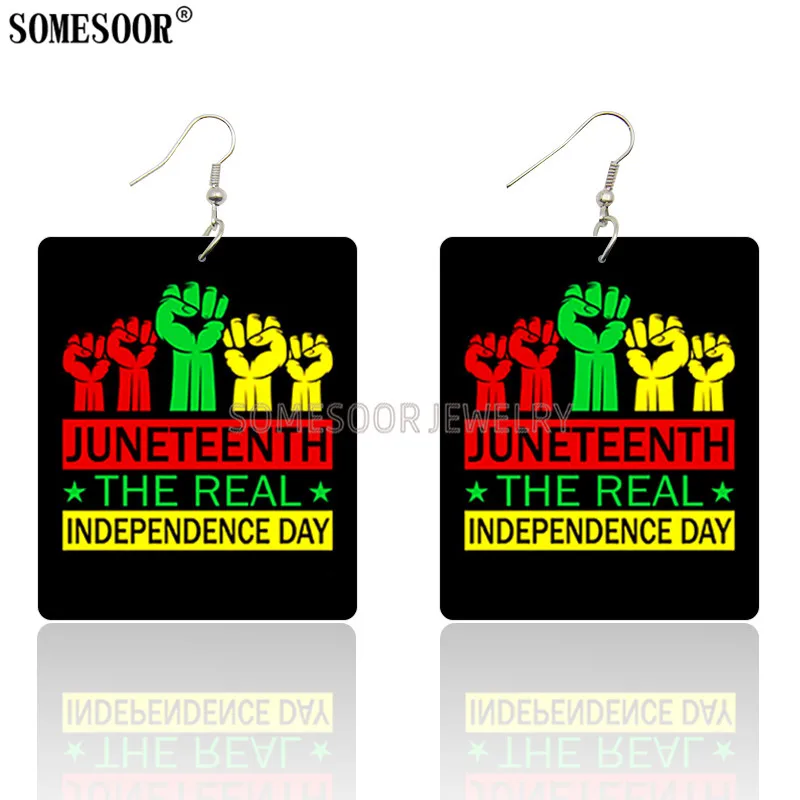SOMESOOR 2021 Новый узор День независимости Juneteenth прямоугольные деревянные серьги с печатью на обеих сторонах для женщин.