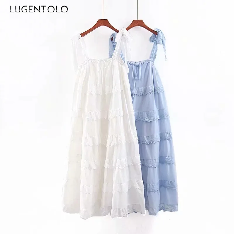 

Lugentolo Women Dress Bohemian Cake Layer Big Swing Solid Sleeveless Ruffles Spaghetti Strap Strapless Womens Dresses