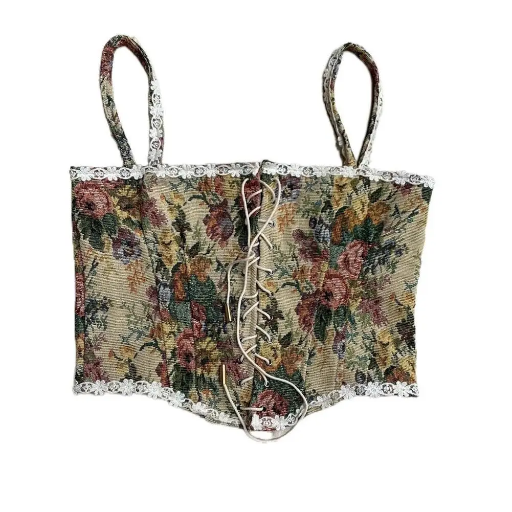 

Vintage Floral Corset Crop Top Women Bustier Top Sexy Flower Top Camisole Y2K Tanks Palace Style Women Cami Bralette