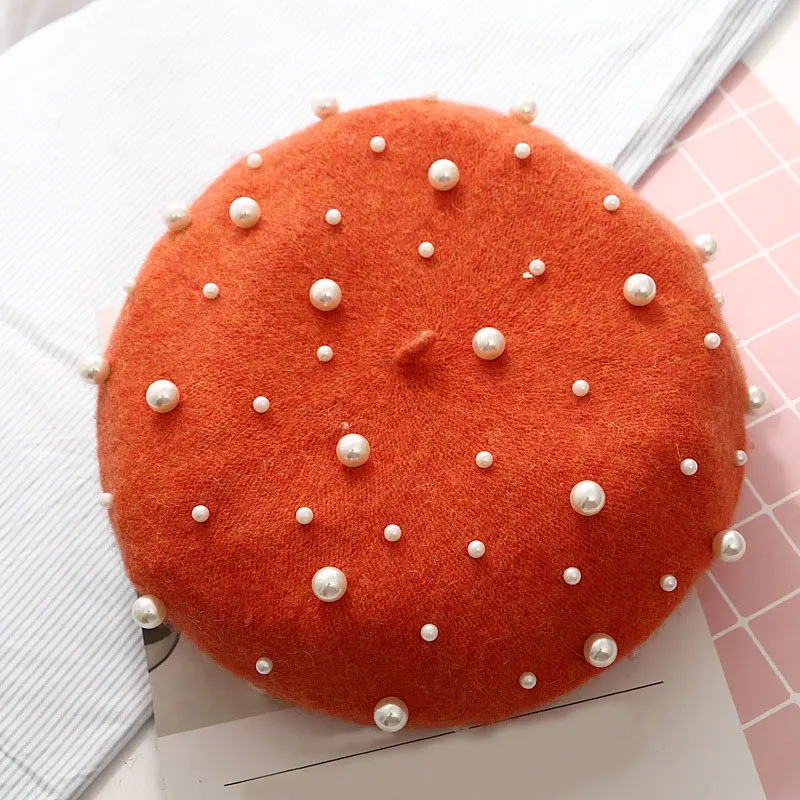 Женский шерстяной берет винтажный теплый кашемировый с жемчужинами и заклепками