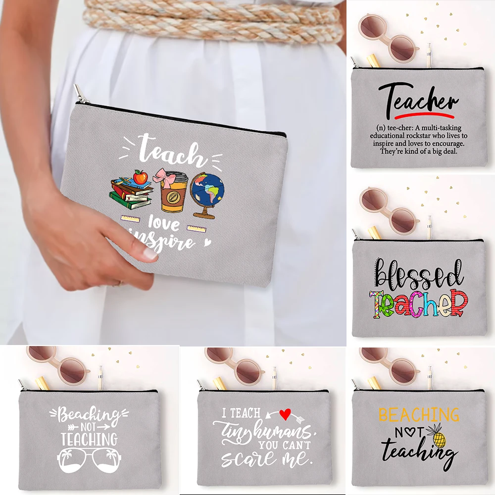 

Teacher Love Inspire Women Canvas Cosmetic Cases Bags Makeup Pouch Purse Handbag Lipstick Storage Organizer Teacher's Day Gifts