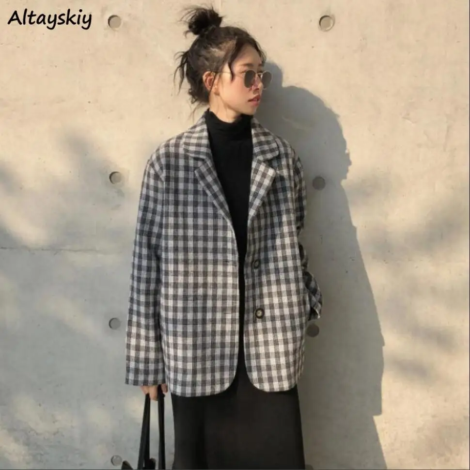 

Blazers Women Plaid Single Breasted Notched Korean Style Casual Coat All-match Elegant Loose Outwear High Street Mujer Fashion