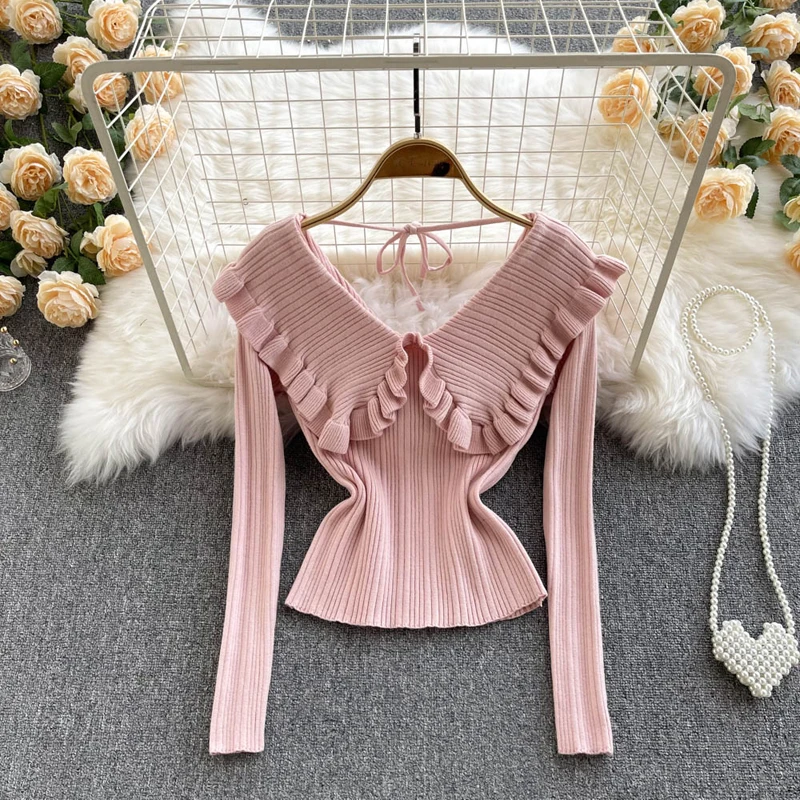 

Fashion Women Ruffled Sweet Sweaters Bow Tie Knitted Sweater Vintage Peter Pan Collar Pull Femme Spring Autumn Pullover Tops New