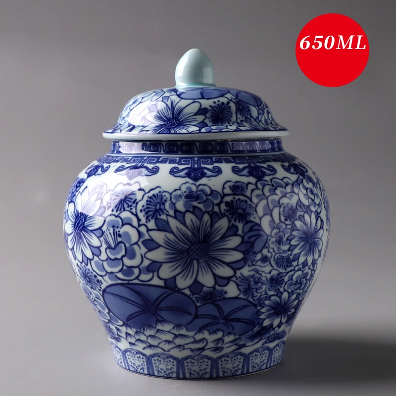 Китайская Ретро чайная банка сине-белая фарфоровая с крышкой Средний