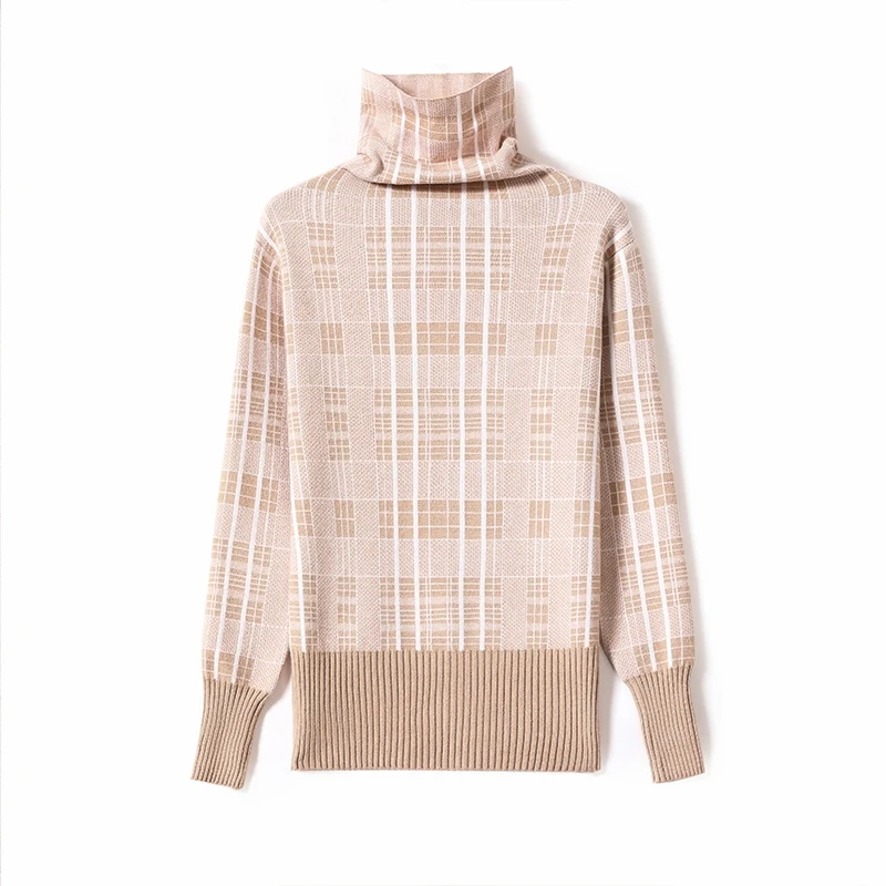 

New Elegant Women Autumn Winter pile collar loose thick sweater plaid top knitted bottoming shirt