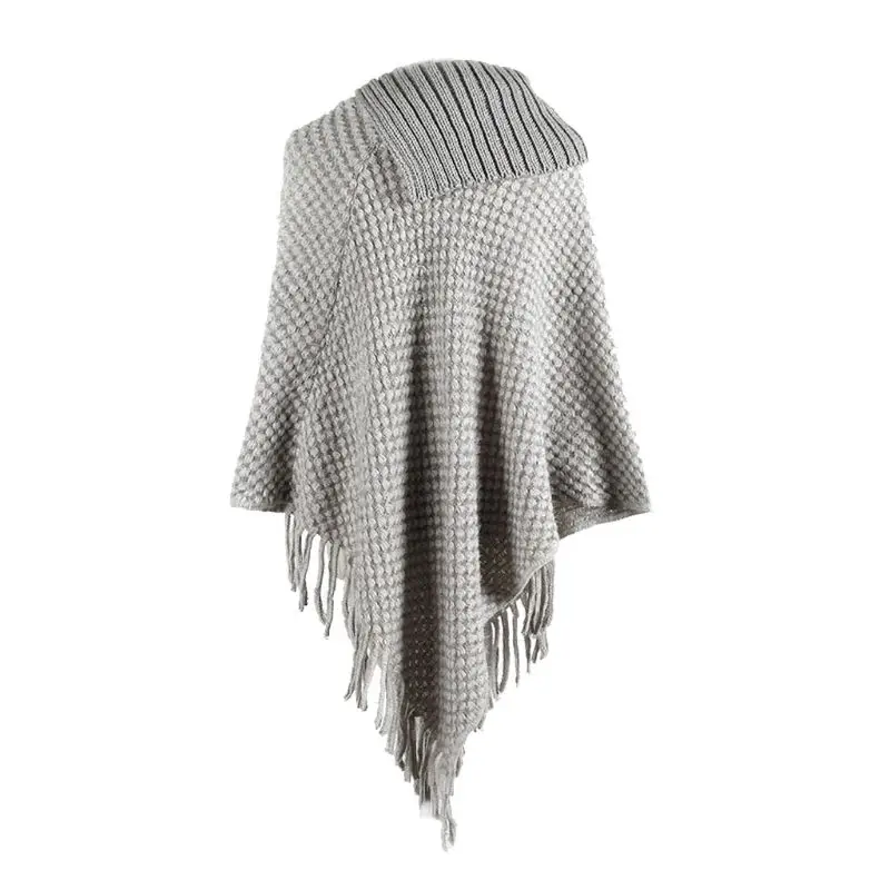 

Women Knitted Pullover Sweater Top Half Opened Collar Buttons Warm Shawl Wrap Fringe Tassels Hem Solid Color Poncho Cape Cloak