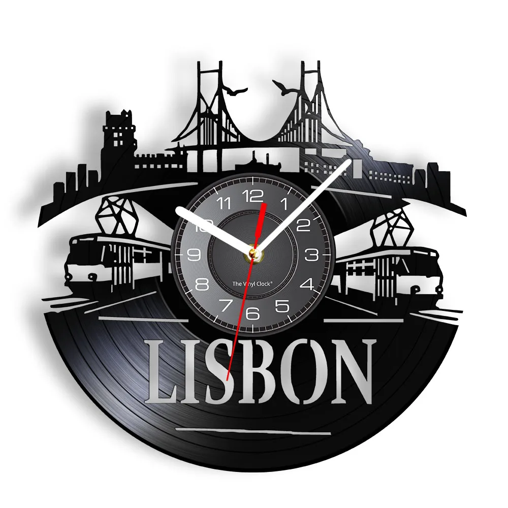 Lisbon Cityscape Vinyl Record Wall Clock Portuguese Home Decor Portugal Capital City Skyline Modern Wall Art Clock Timepieces
