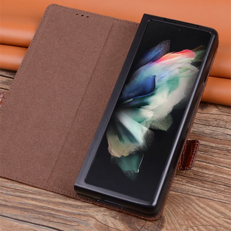Genuine Leather Magnetic Flip Case for Samsung Galaxy Z Fold 4 3 2 Fold3 Crocodile Alligator Grids Grain Protective Phone Cover
