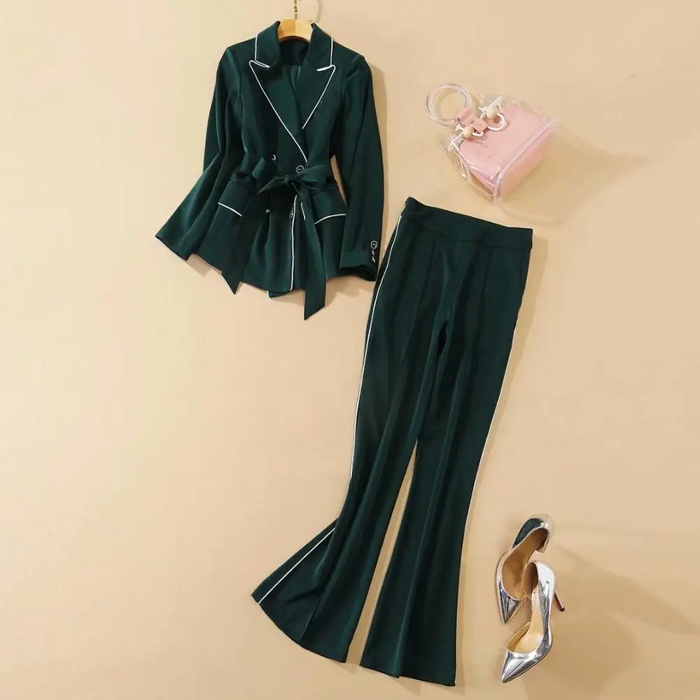 

European and American women's clothing 2020 autumn new style Long-sleeved double-breasted green jacket Trouser suit