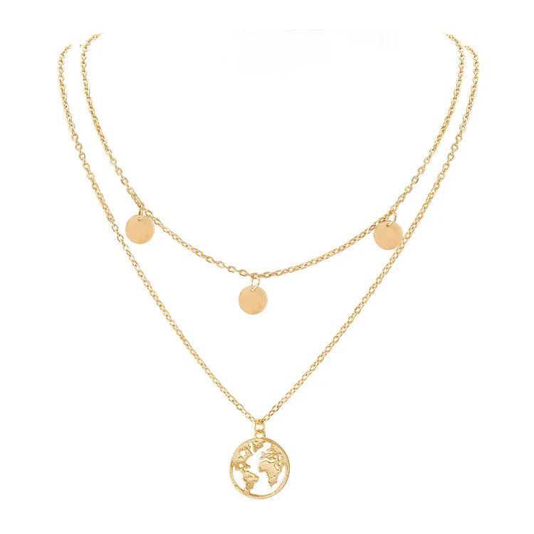 

New 2021 Simple Design World Map Multi Layer Necklace Female Clavicle Chain Necklace Exquisite Jewelry Gift Women Necklace