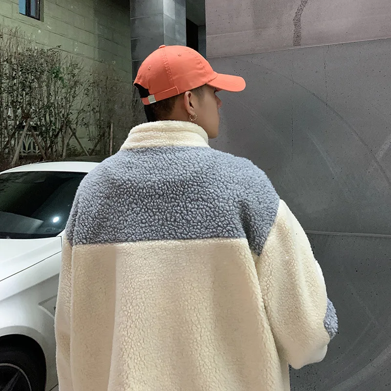 

Men Lambswool Streetwear Jackets 2019 Winter Mens Streetwear Color Block Windbreaker Harajuku Thick Coats Plus Size For Male
