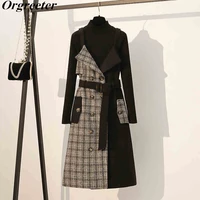 vintage design tweed patchwork dress two piece set women autumn winter new warm solid knitted tops strap dress suit