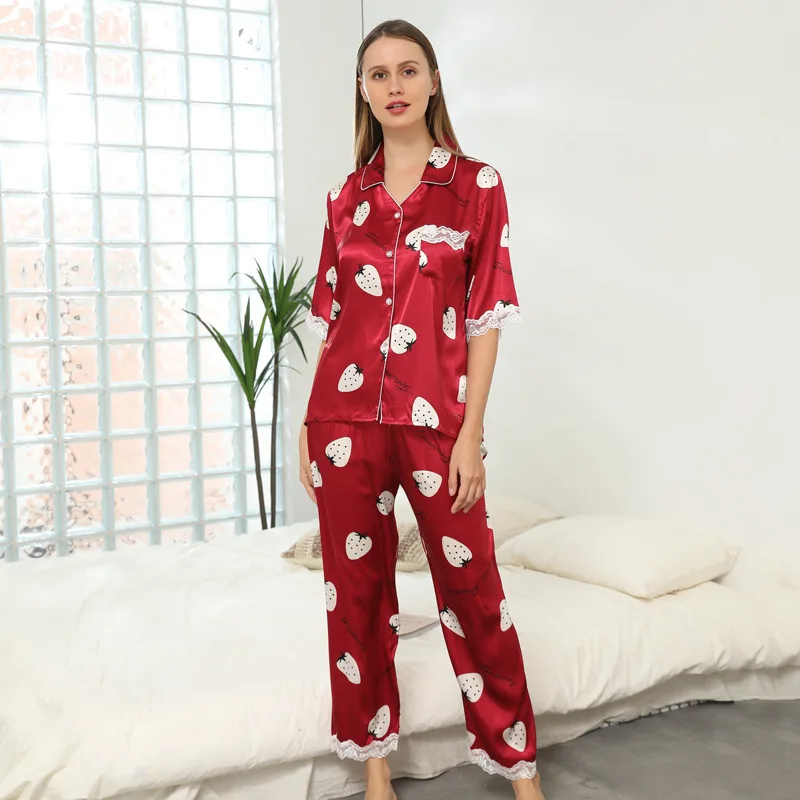 

Spring Summer New Women Pajamas Set Satin Silky Nightwear 2PCS Sleepwear Casual Shirt&Pants Pijamas Soft Lounge Wear Lingerie