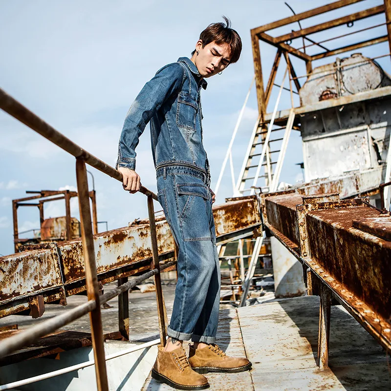 Мужской джинсовый комбинезон в японском ретро стиле со съемными инструментами