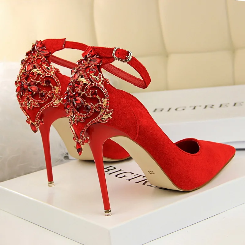 

Thin Heels Sexy Autumn Slip-On Shallow Pointed Toe Leather Shoes For Women Wedding Dress Shoes Formal Ladies Rhinestone Shoes