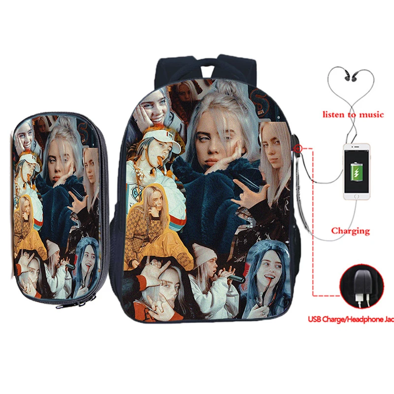 7 Billie Eilish рюкзак для зарядки через usb 2 шт./компл. школьная сумка для подростков мальчиков и девочек рюкзак для ноутбука пенал Дорожная сумка на плечо - Цвет: 7