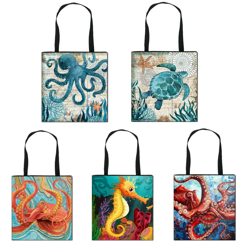 

Seahorse Octopus Jellyfish Casual Totes Bag Handbags for Women Reusable Shopping Bags Girls Large Capacity bookbag