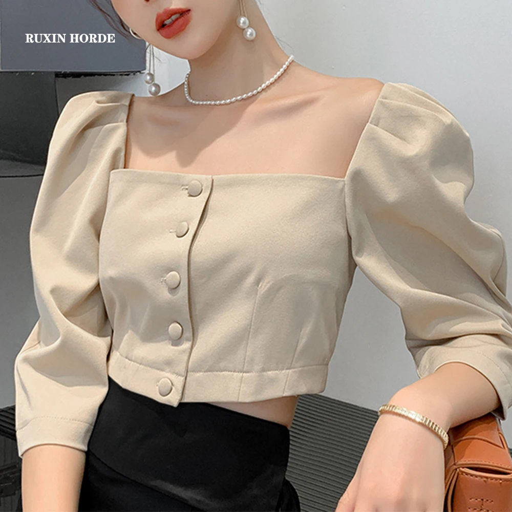 

Puff Sleeve Square Collar Single Breasted French Female Sexy 2021 Spring Design Brief Paragraph Party Brought Short Shirt Top