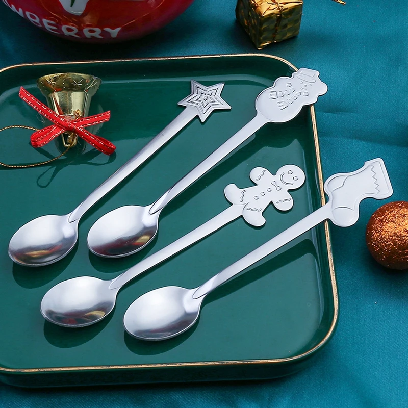 

Маленькая рождественская посуда из нержавеющей стали, кофейные ложки, десертная ложка для мороженого, снеговик, дерево, Детская столовая по...