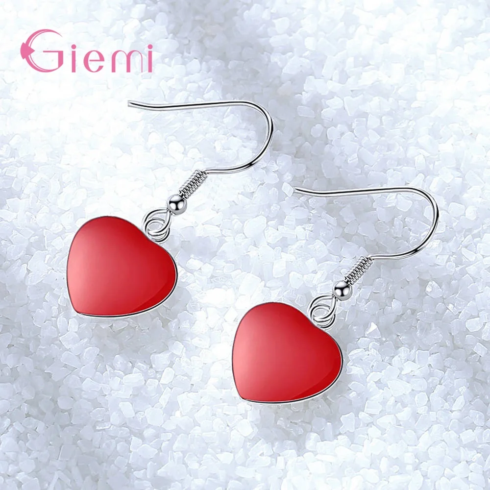 

Delicate Korean Women Piercied 925 Sterling Silver Drop Earrings Red Heart Pattern Earrings Wedding Party Lovers Jewelry Gift