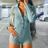 2021 button ribbed solid color tights jumpsuit womens fashionable tight fitting cycling shorts jumpsuit sportswear long sleeves