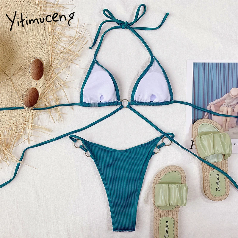 

Yitimuceng Green 2 Piece Sets Womens Swimming Halter Beach Bikini 2021 Summer Corset Bandage High Waist Ribbed Bathing Suit New