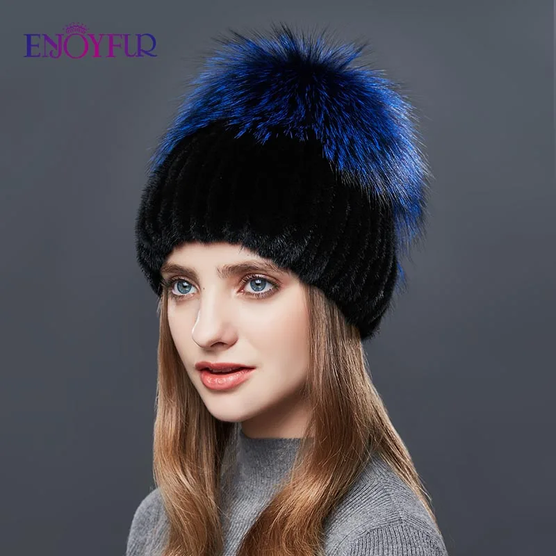 Женские шапки ENJOYFUR зимние теплые Вязаные норковые с лисьим мехом|Женские Skullies и