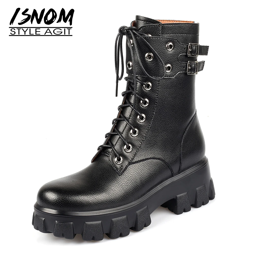 

ISNOM Genuine Leather Ankle Boots Woman Motorcycle Booties Wedges Shoes Cross Tied Metal Platform Boot Women Thick Sole 2021