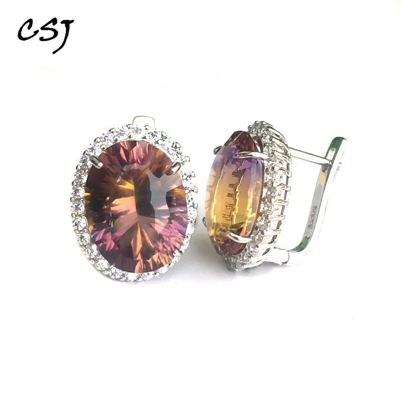 Большая кварцевая серьга CSJ с камнем Аметрин серебро 925 пробы вогнутая огранка 12*16