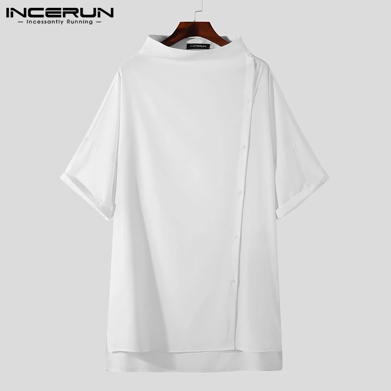 2022 Men Casual Shirt Solid Color Turtleneck Half Sleeve Streetwear Camisa Masculina Fashion Button Up Personality Tops INCERUN