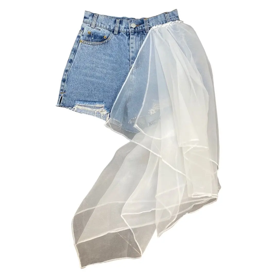 

Irregular Mesh Patch Denim Shorts for Women 2021 Summer Ripped Washed Jeans Hot Pants Girls Ladies Streetwear