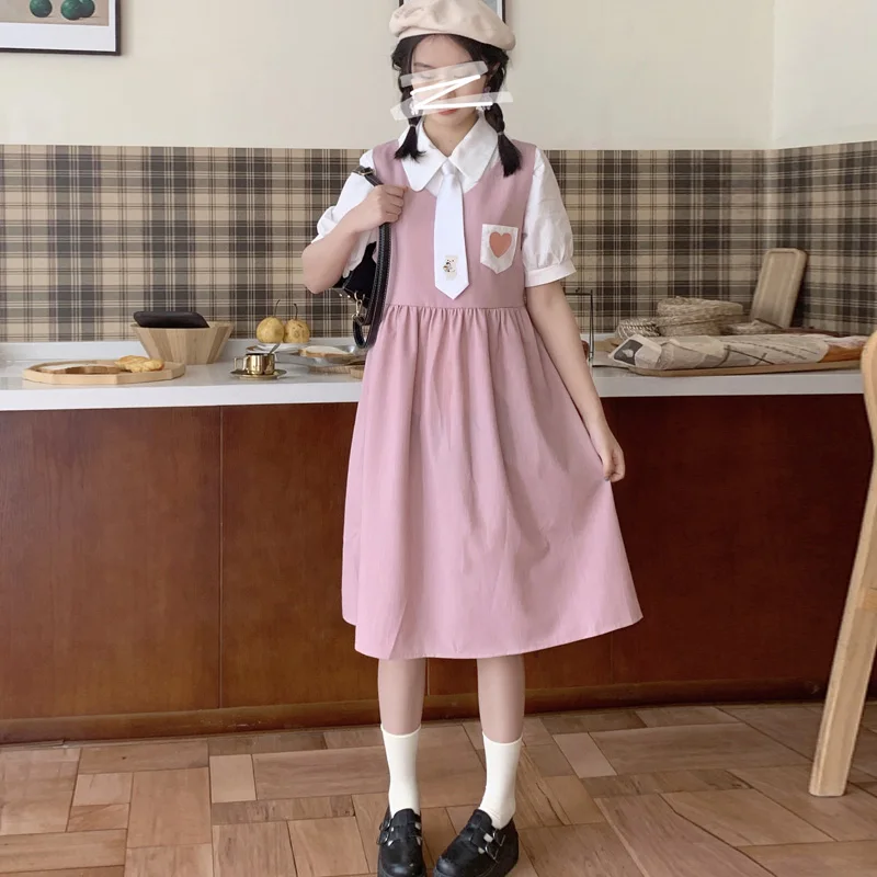 

Cute Pink One Piece Sleeveless Dress Women Japanese Kawaii Girly Soft Girl Strap Dress Vestidos Femme Casual Loose Lady Dresses