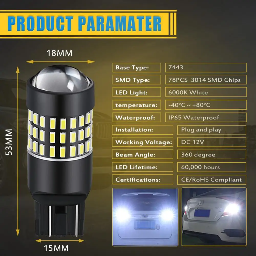 2 шт. Автомобильные светодиодные лампы T20 W21/5W 7443 7440 W21W 78 3014SMD 6000k 12 В|Сигнальная
