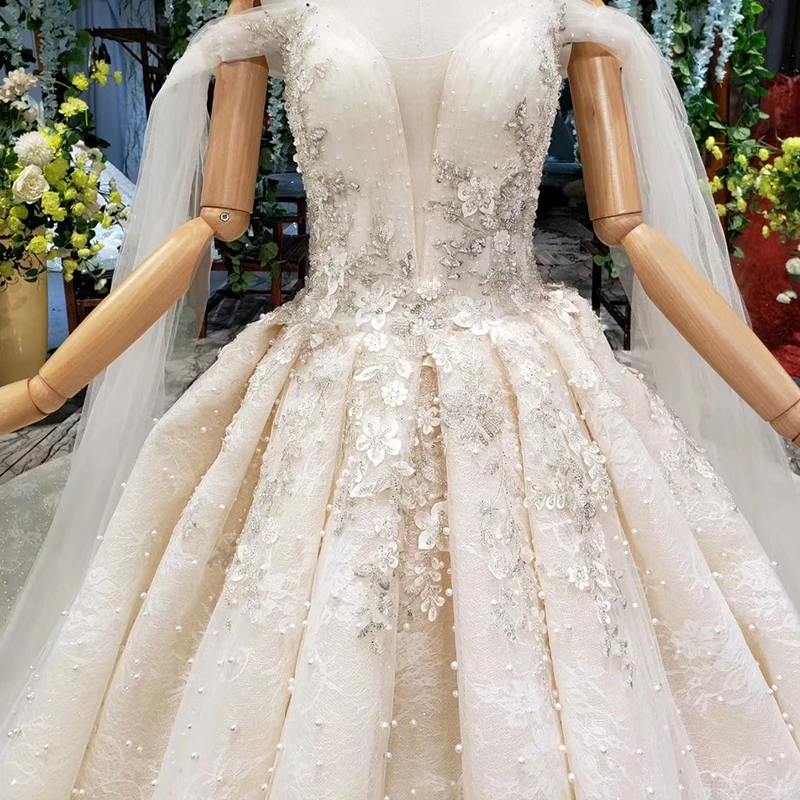HTL906 Covered Beads Sequined Wedding Dress 2020 Short Sleeve V-Neck Off The Shoulder Ball Gowns Big Train