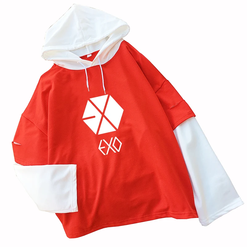 

EXO Hoodies Hooded Funny Print Fashion Contrast Color Patchwork Streetwear Kpop Casaul Hip Hop Popular Sweatshirt Women Splici