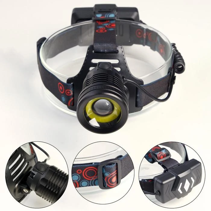 Фонарь налобный аккумуляторный 10 Вт 2х1200 мАч USB T6 COB zoom 6117049